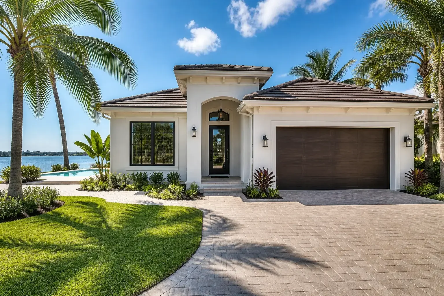 Finished Tampa home exterior with tidy yard and pool patio
