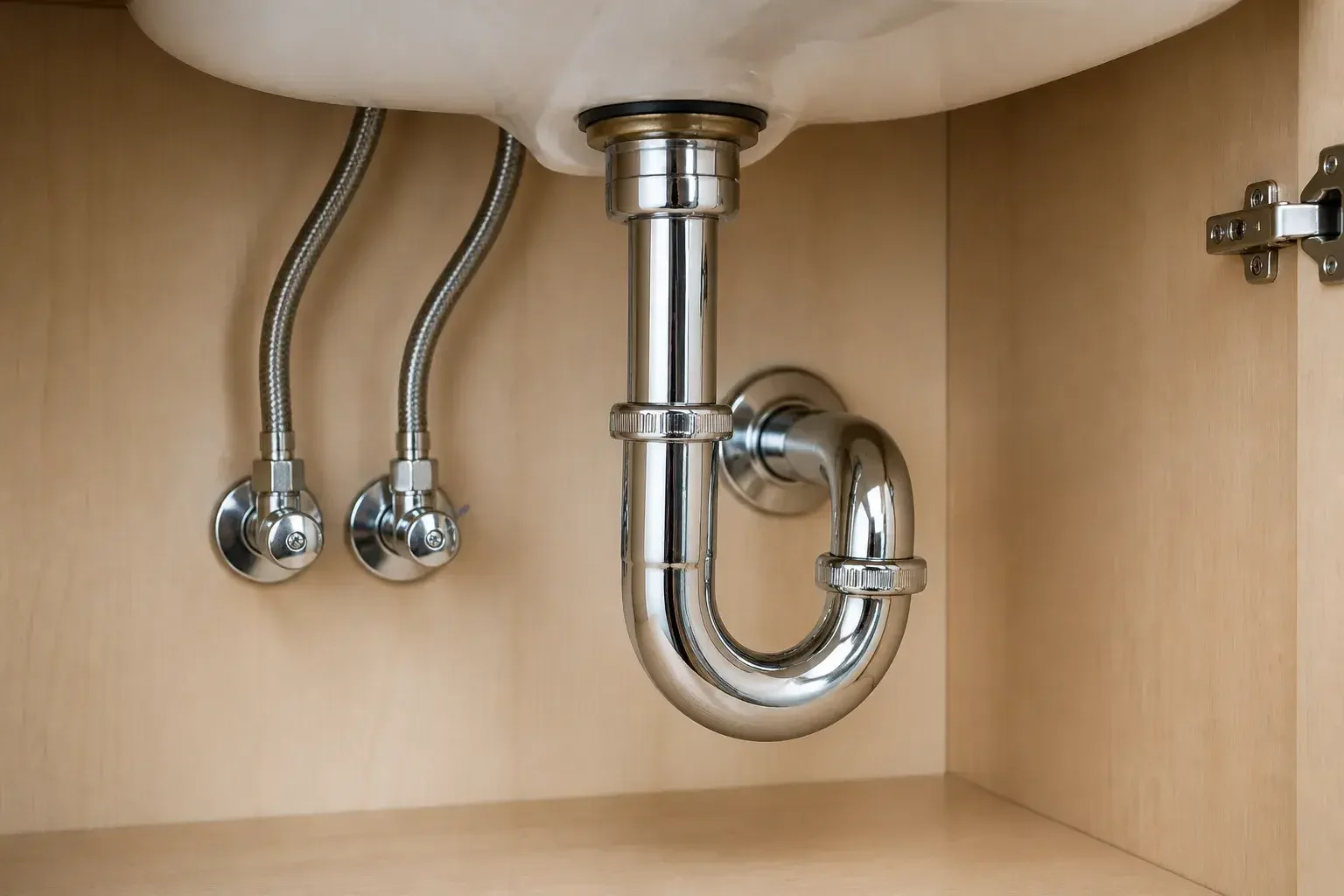 Dry under-sink plumbing with clean chrome fixtures