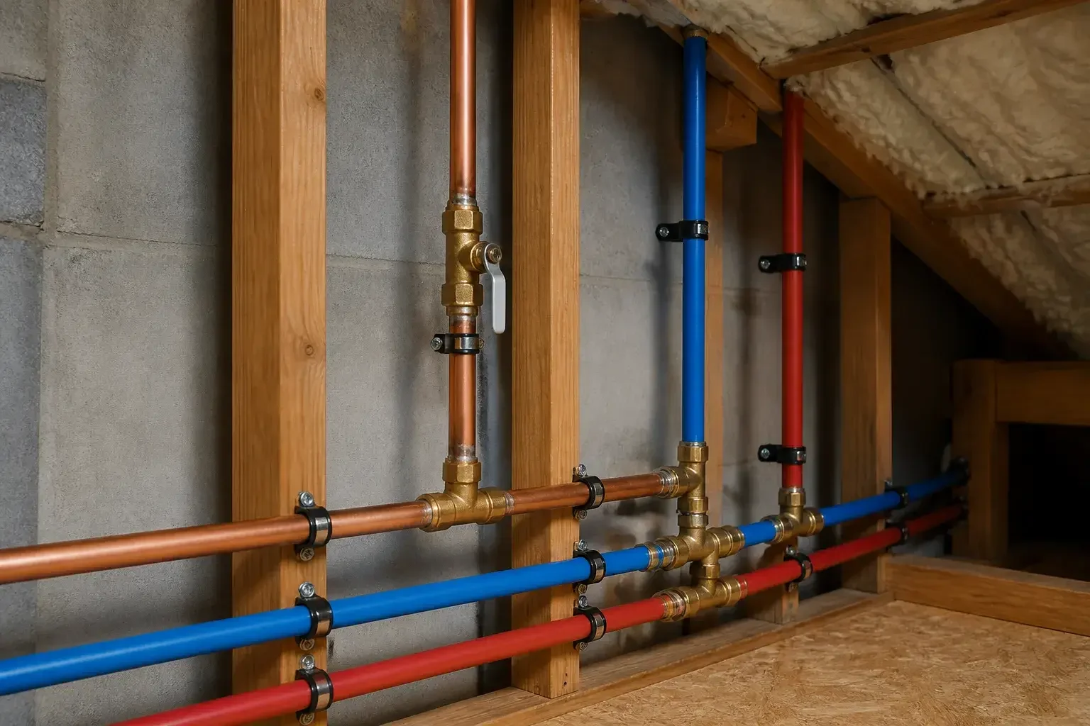 New copper and PEX pipes in a clean finished installation