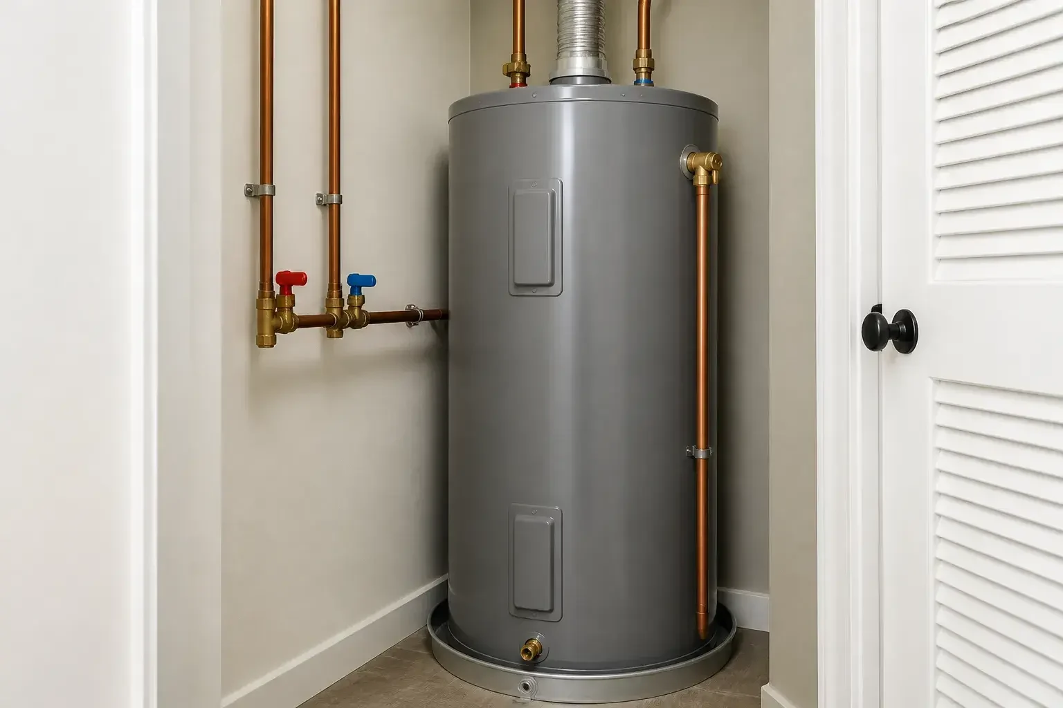Finished water heater installation in a clean utility closet