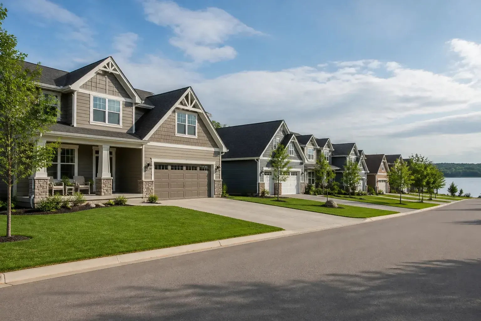 Riverview residential street with newer homes and lawns