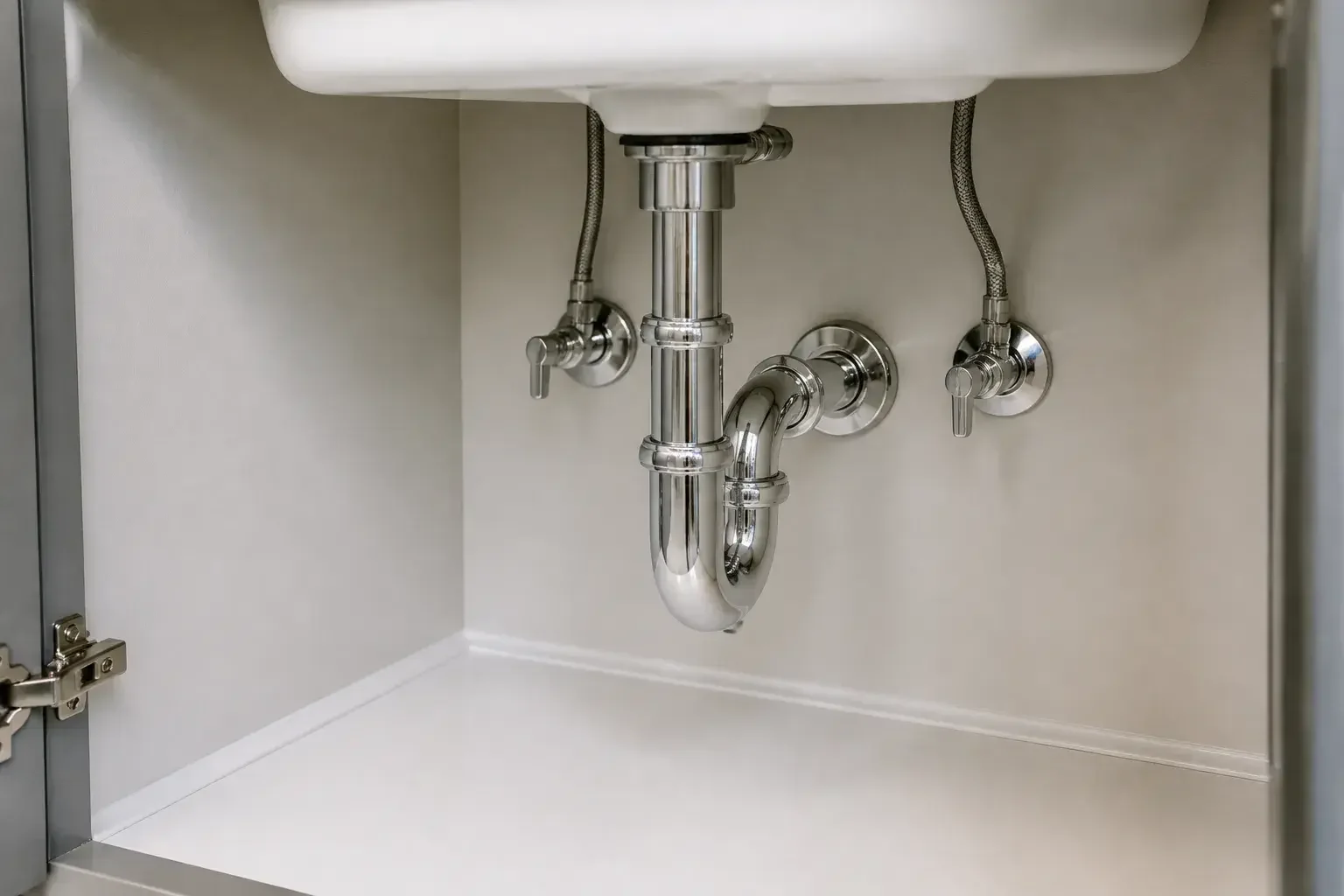 Restored bathroom sink area after leak repair