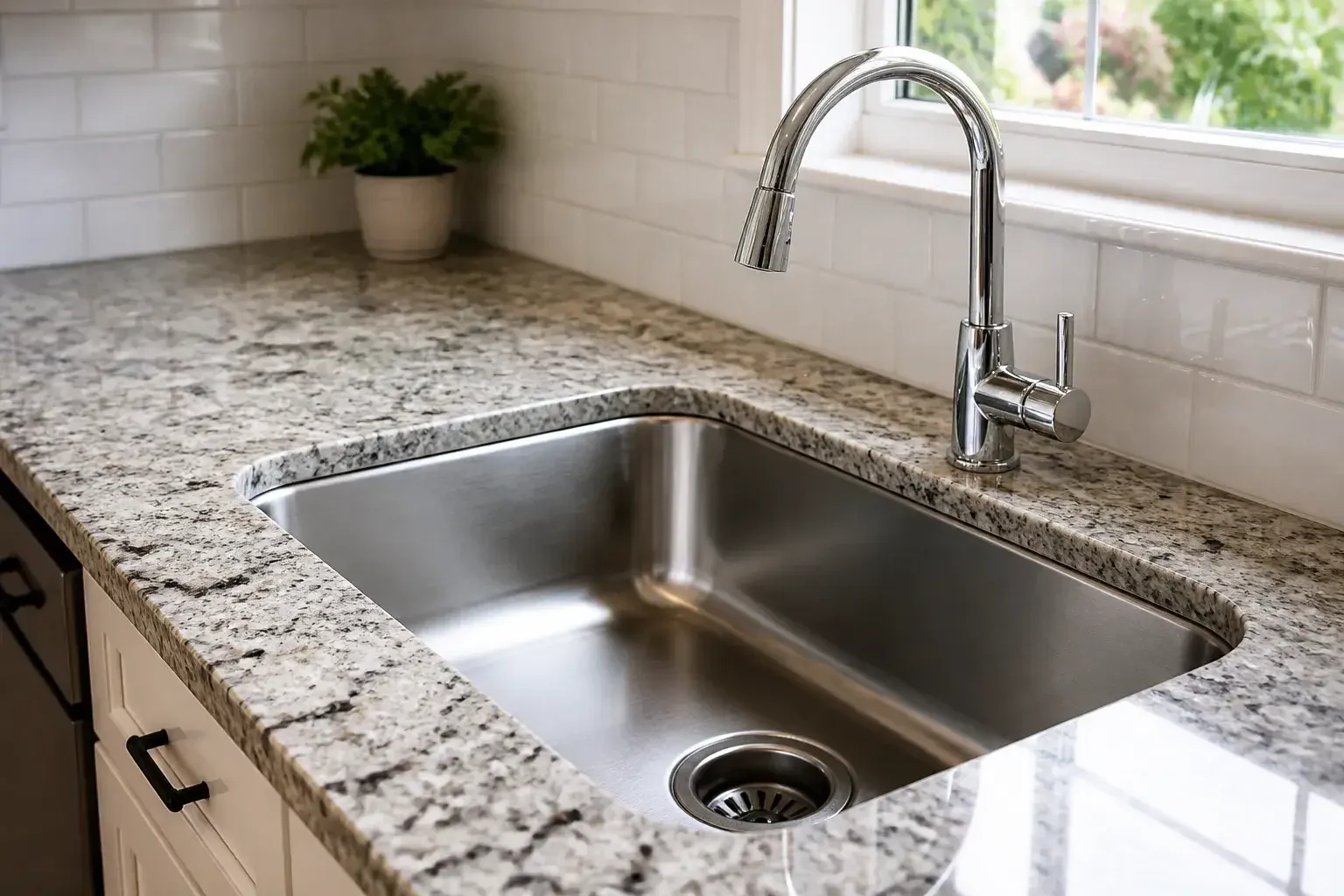 Clean kitchen sink with clear countertops after drain cleaning