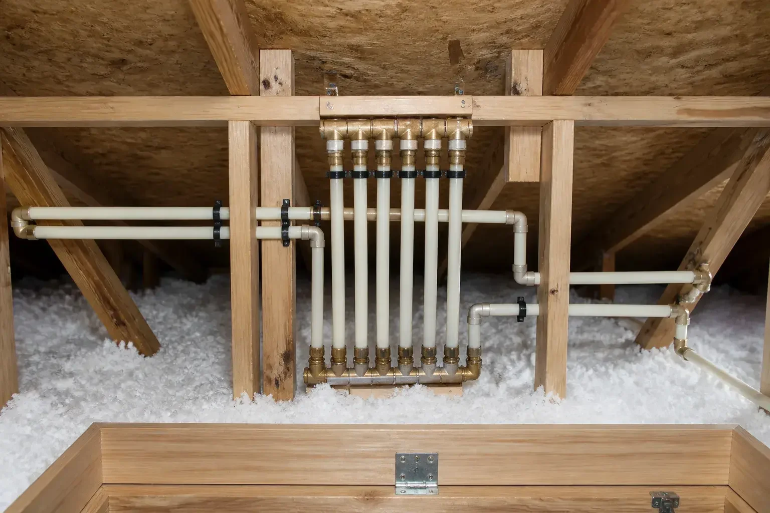 Neatly routed new pipes in a clean attic access area